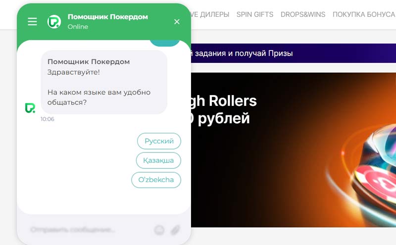 Раздел техподдержки казино Покердом